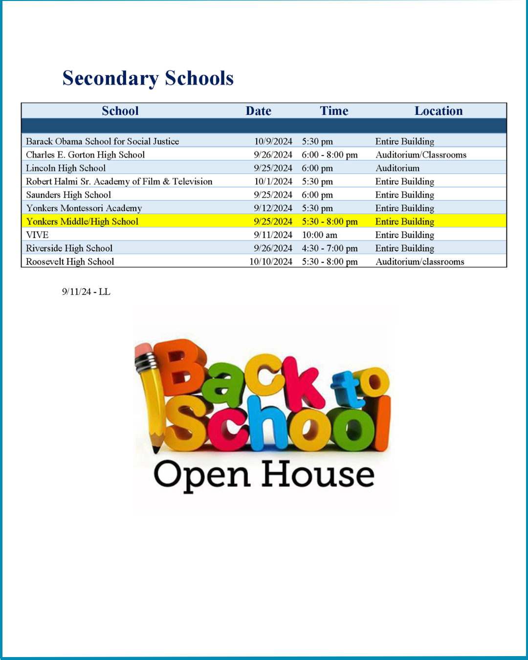 Back to School Open House Schedule